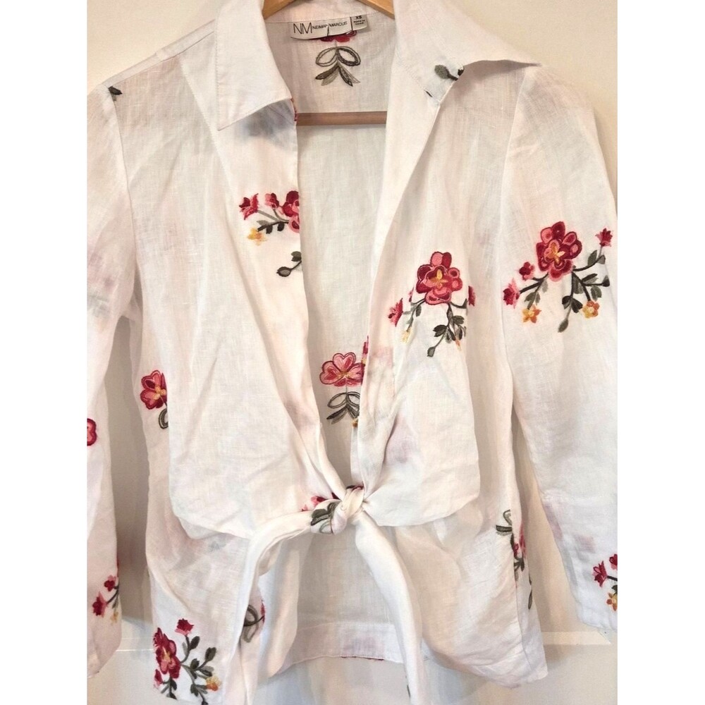 Neiman Marcus Linen Floral Embroidered White Tie-Front Blouse XS Cottagecore